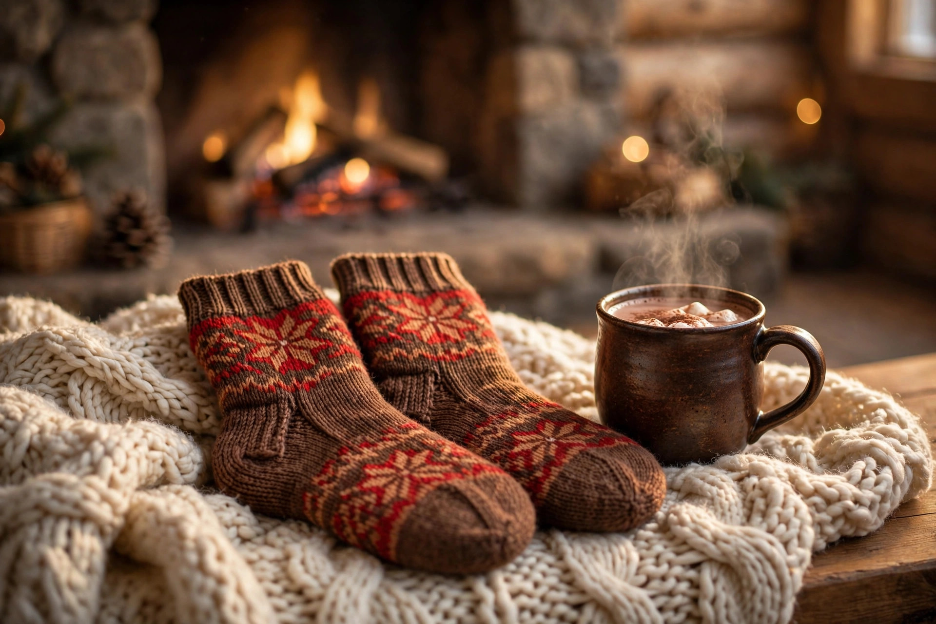 Nordic Knit fair-isle socks on a knit blanket beside a mug of cocoa by a fireplace